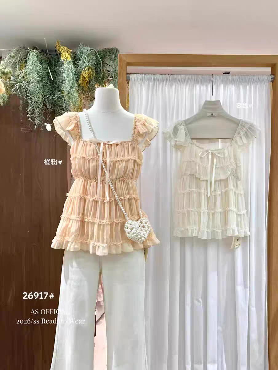 달콤한 스타일 살구 색상 작은 날다 소매 레이스 셔츠 여성 의류 봄 Chic 연령 감소 루즈핏 슬림해 보이는 맨위