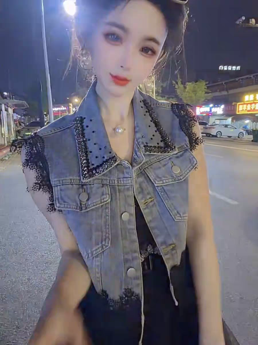 무거운 작업 레이스 조각 데님 조끼 여자 봄 여름 새로운 민소매 어깨 조끼 자켓 외국 가스 슬림해 보이는 맨위