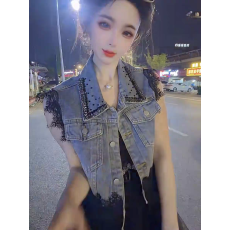 批发重工蕾丝拼接牛仔马甲女<b class='q'>春</b>夏新款无袖坎肩背心外套洋气显瘦上衣