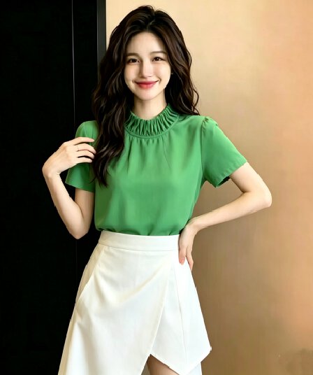 2026 여름 새로운 녹색 스탠드 칼라 쉬폰 블라우스 여성용 짧은 소매 품격 출퇴근 맨위 슬림해 보이는