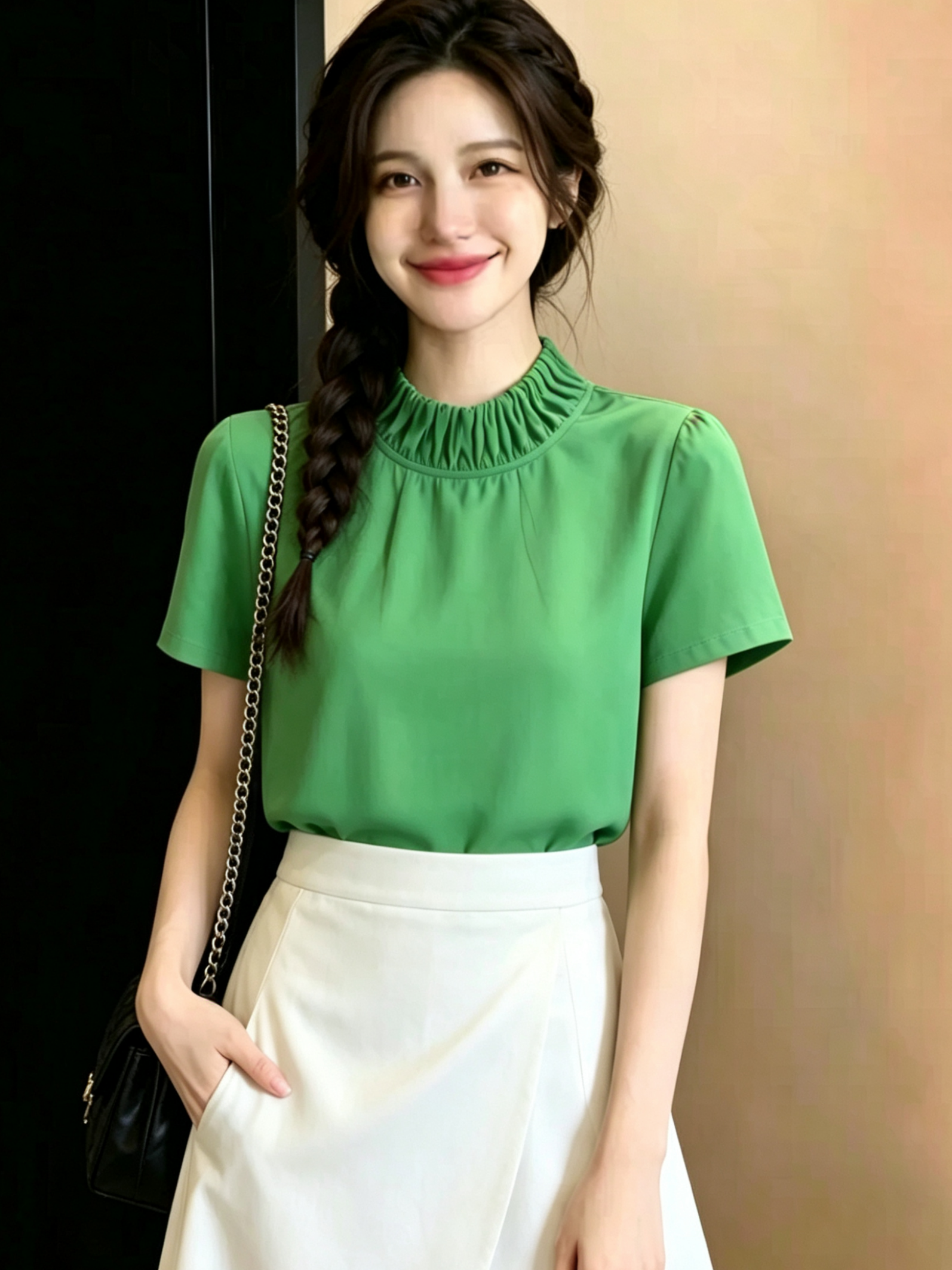 여름 얇은 스타일 녹색 쉬폰 톱 반하이넥 주름 디자인 마이크로 지방 슬림해 보이는 표지 고기 반팔 셔츠