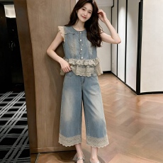 批发蕾丝花边牛仔套装两件套女2026<b class='q'>春</b>夏季新款V领马甲+阔腿裤两件套