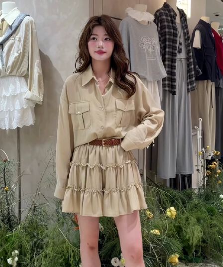 품격 전체 집합 00td 착용 가져 가라. 느슨함 센스 레트로 긴팔 셔츠 한 마디 미니 스커트 투피스 슈트 2026 가을