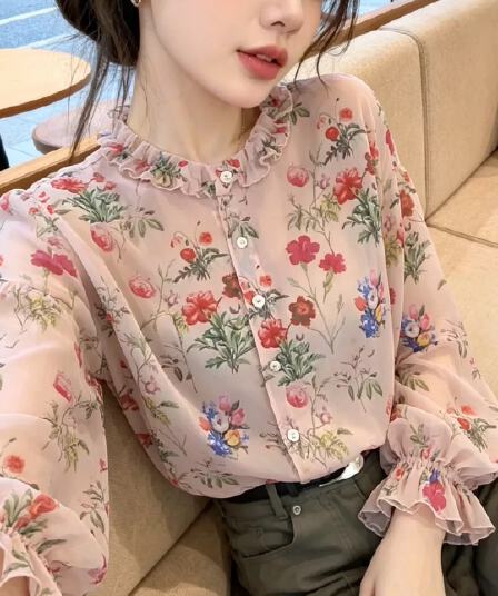 이른 가을 프랑스식 꽃무늬 전원 바람 싱글 줄 버튼 긴팔 얇은 스타일 프릴 칼라 고급 품격 마이크로 ~을 통해 피부 맨위 여성