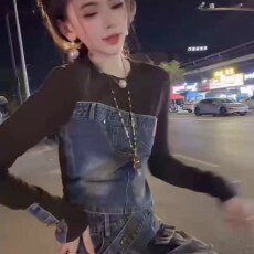 批发2026秋季牛仔拼接假两件衬衫裤子两件套女设计感修身显瘦<b class='q'>时尚</b>套装