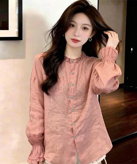 패션 느슨함 센스 프릴 긴팔 여성 셔츠 이른 가을 새로운 지방 mm 루즈핏 표지 배 미니멀리즘 출퇴근 맨위 트렌디