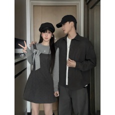 批发实拍情侣装  韩版  小众设计感蝴蝶结假两件  灰色波点连衣裙