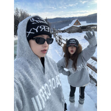 批发实拍情侣装   <b class='q'>韩版</b>慵懒风  小众设计V领连帽针织衫  字母印花卫衣