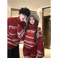 批发实拍情侣 费尔岛高领毛衣 小众设计感撞色提花  套装上衣+<b class='q'>短裤</b>