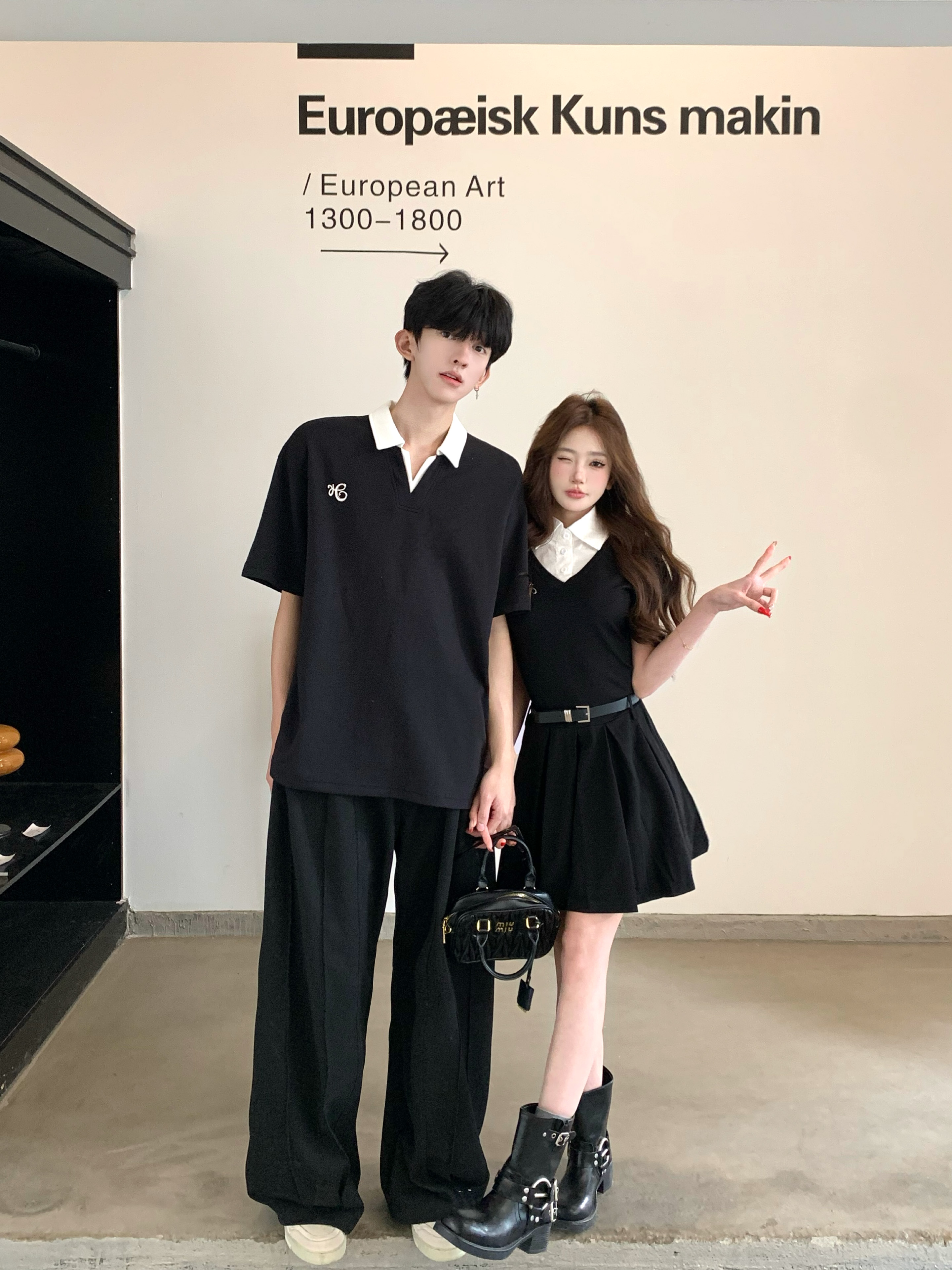 실사 커플룩 학원 스타일 페이크 레이어드 허리 수축 슬림해 보이는 플리츠 드레스 POLO 셔츠 하나 의류 하나 치마