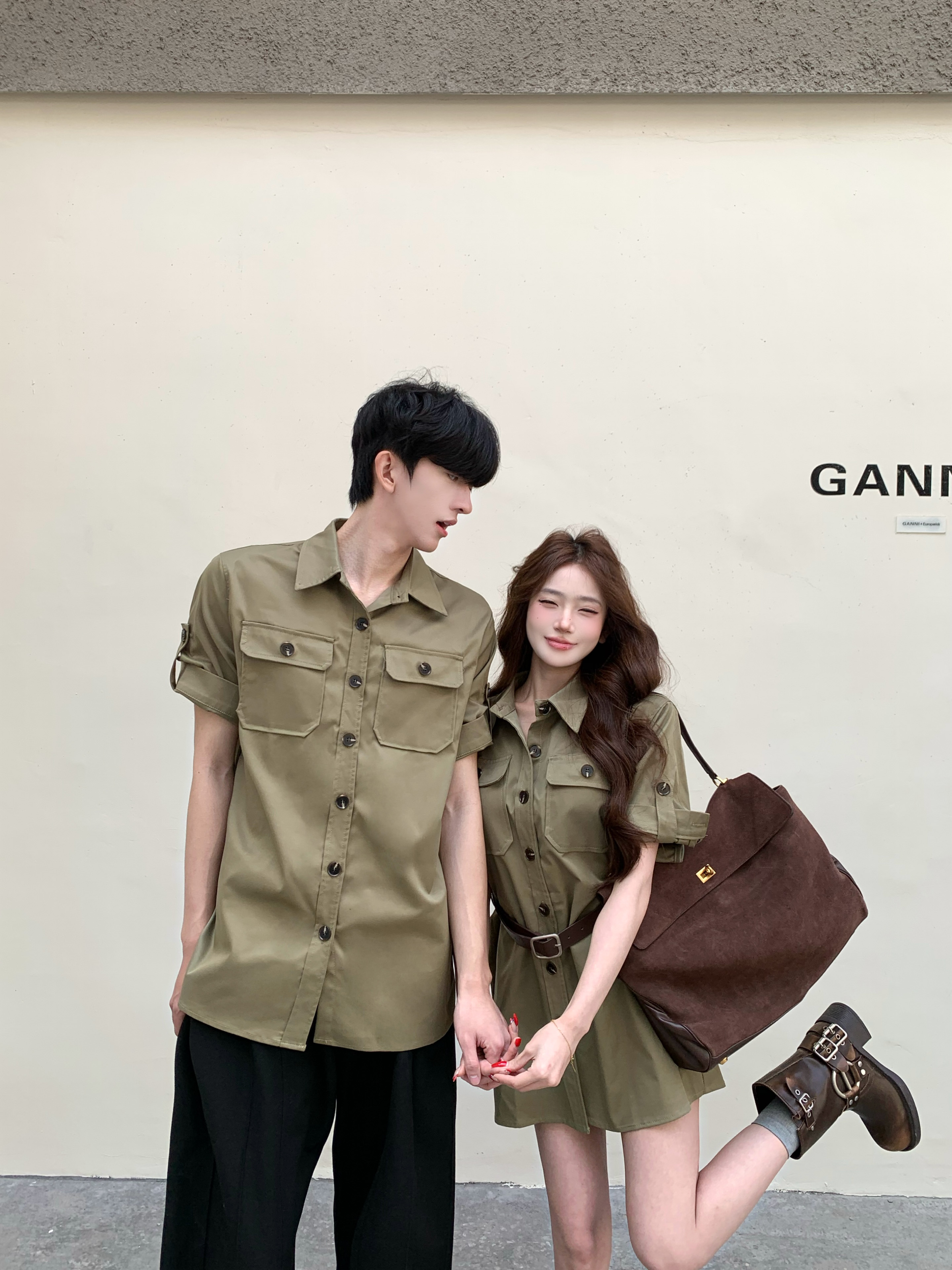 실사 커플룩 아메리칸 레트로 워크웨어 POLO 칼라 셔츠 군용 녹색 허리 수축 드레스