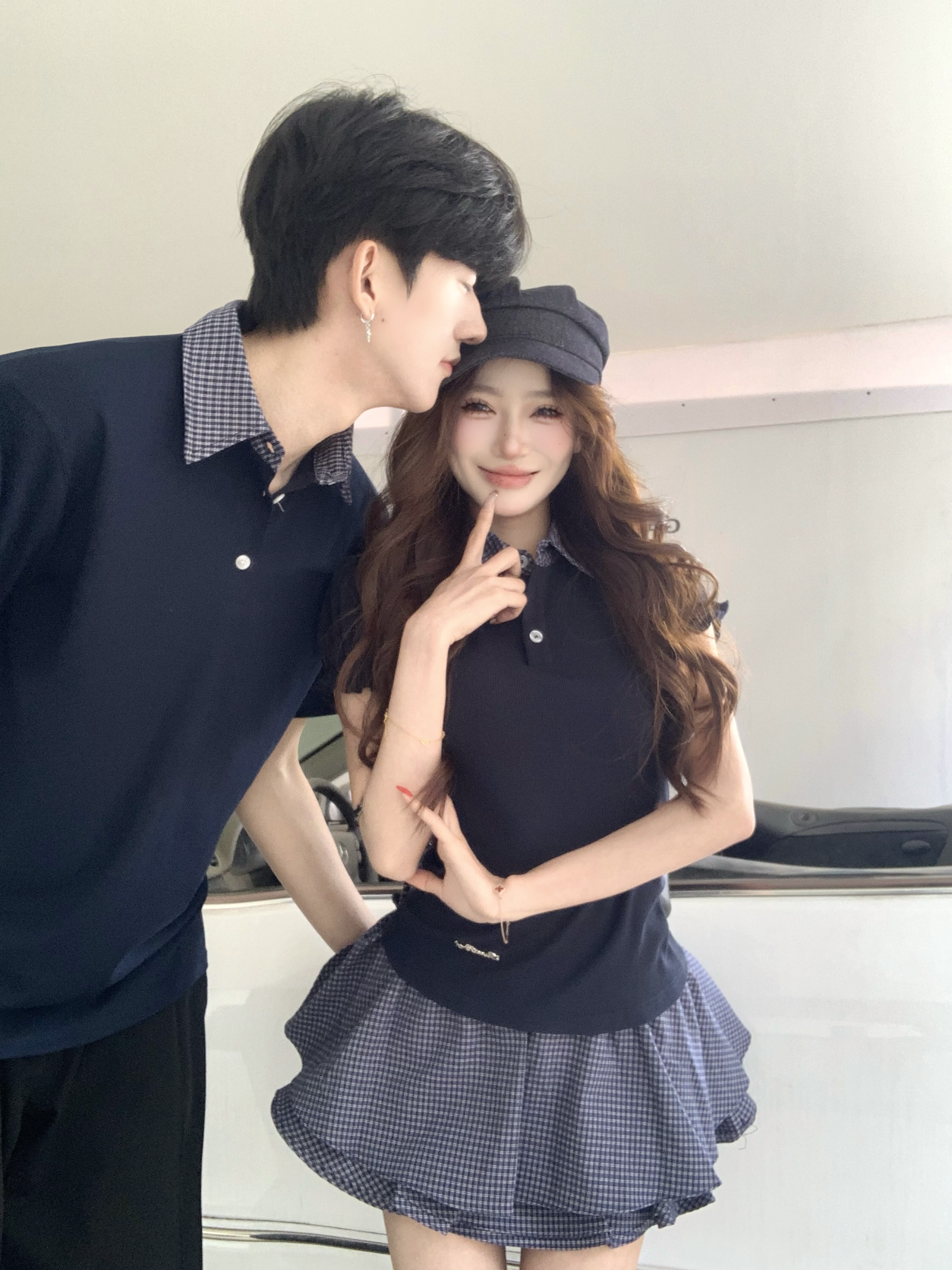 실사 커플룩 학원 스타일 작은 대중 디자인 센스 허리 수축 한국 스타일 여성용 짧은 소매 A라인 스커트 투피스 세트