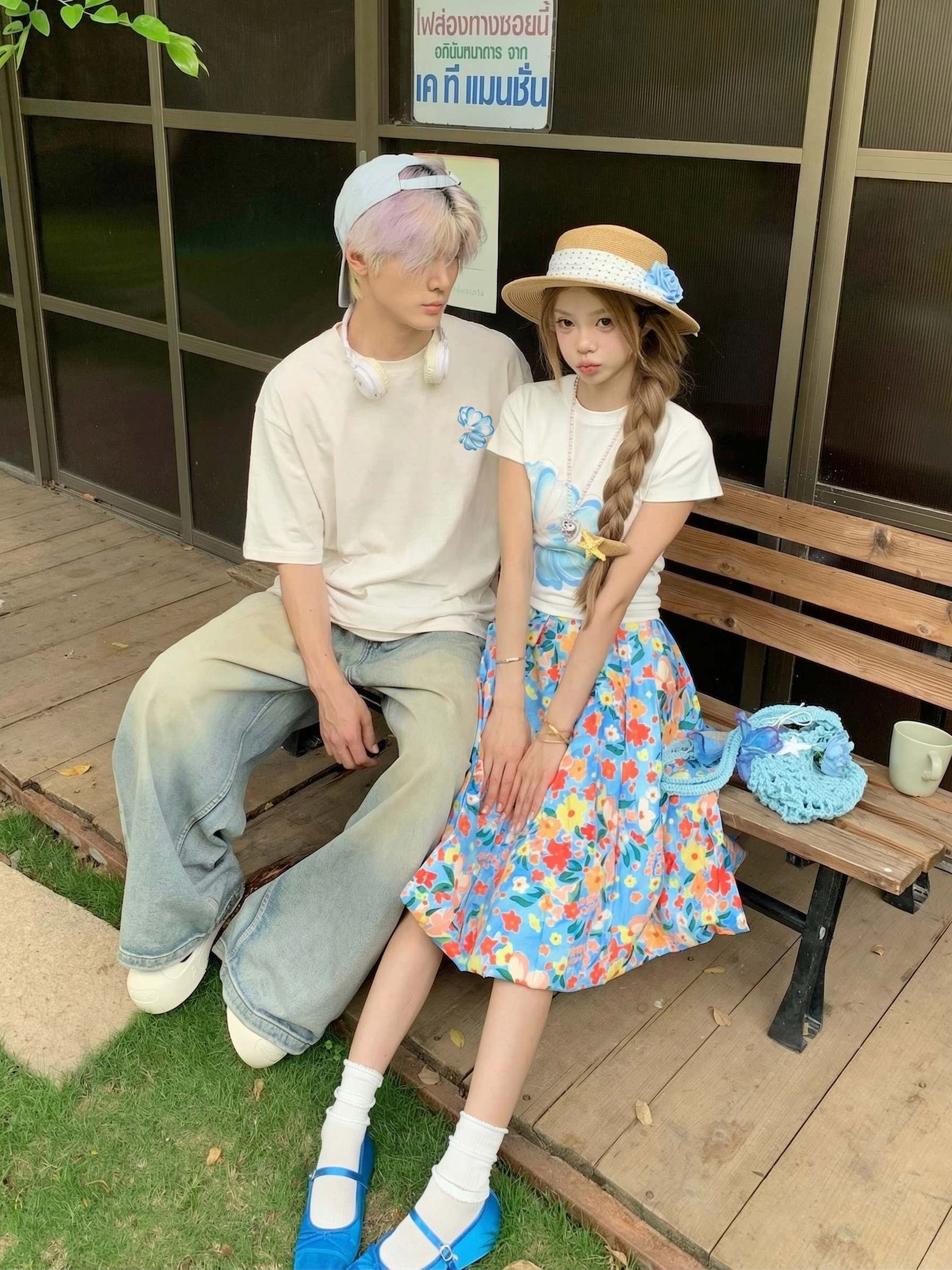 실사 커플룩 작은 청신 도파민 작은 대중 디자인 센스 두 세트 반팔 반신 스커트