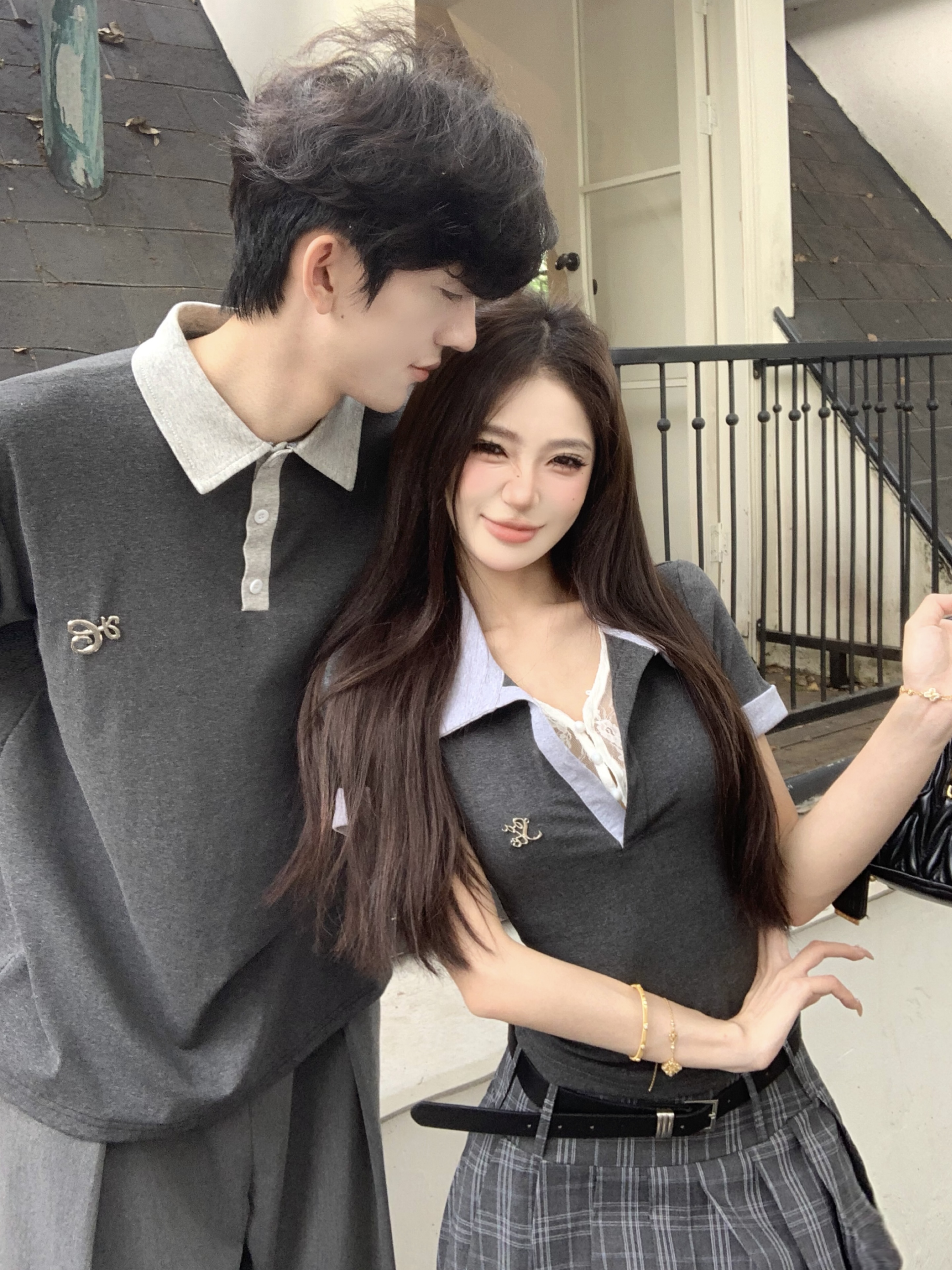실사 커플룩 학원 스타일 레이스 페이크 레이어드 POLO 셔츠 작은 대중 디자인 허리 수축 반팔