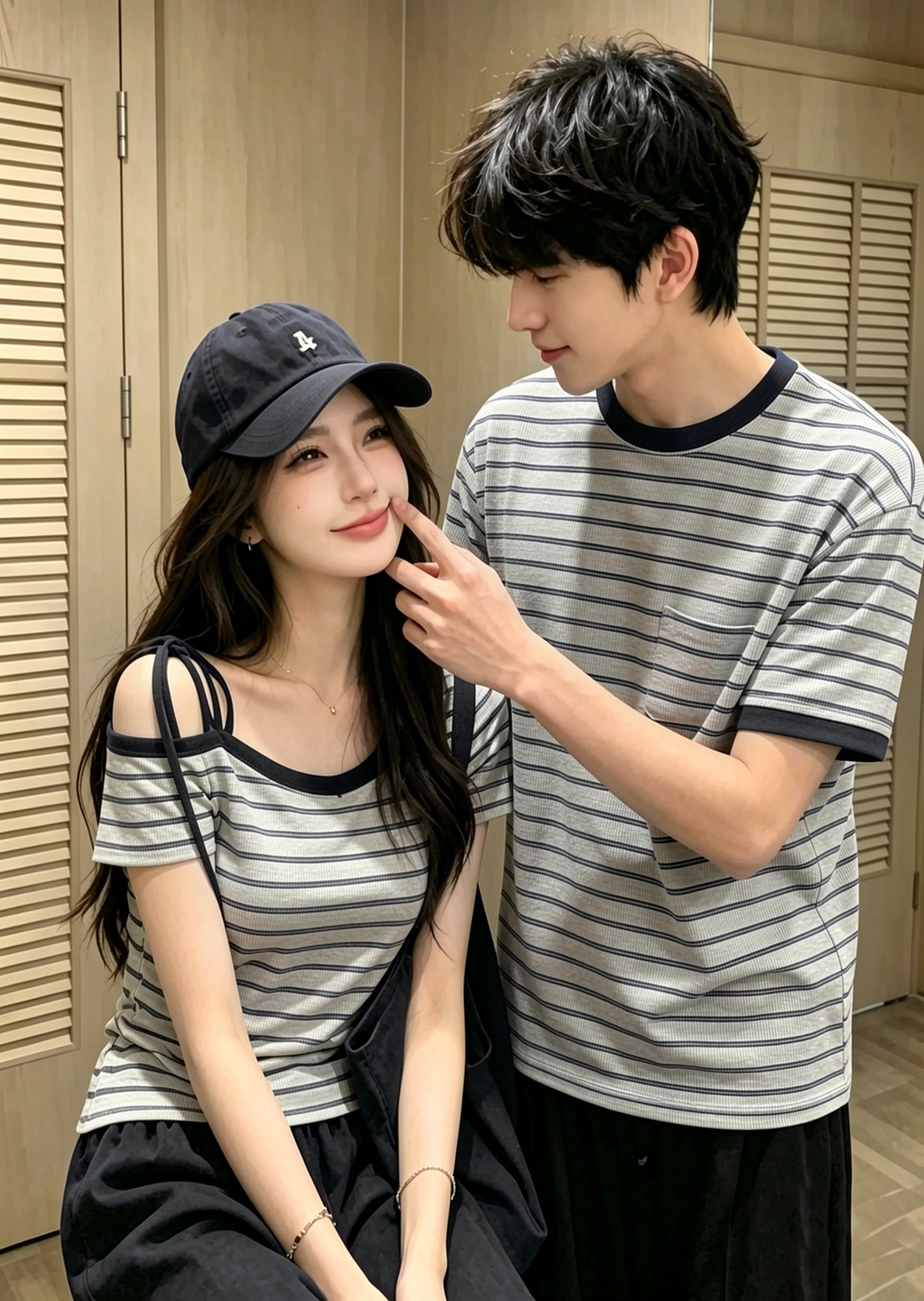 실사 커플룩 여름 작은 대중 디자인 센스 몸매 가꾸기 오프숄더 스트라이프 반팔 티셔츠