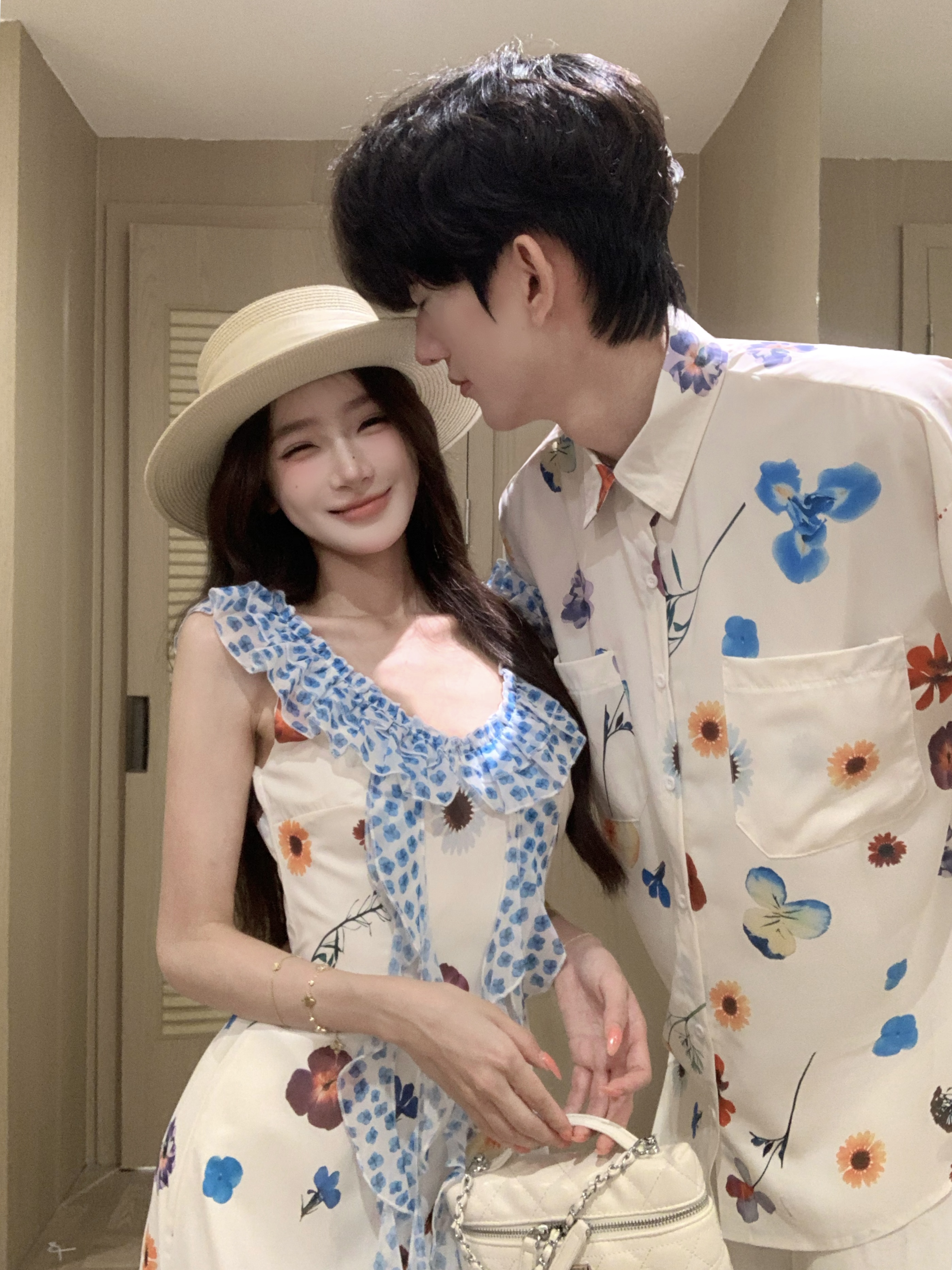 실사 커플룩 도파민 아름다운 드레스 작은 대중 디자인 센스 나비 프린트 허리 수축 치마