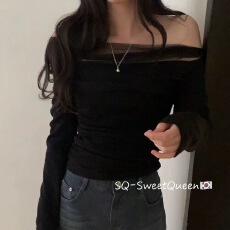 批发<b class='q'>韩国</b>东大门<b class='q'>代购</b> 博主款网纱拼接褶皱堆堆一字领洋气长袖上衣