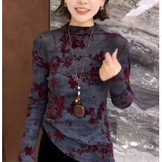 批发植绒碎花长袖T恤女欧洲站2025秋季新款洋气百搭显瘦打底<b class='q'>小衫</b>上衣