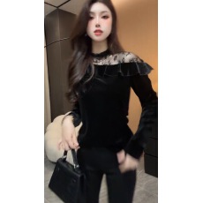 批发韩版早秋新款时尚气质休闲圆领拼接蕾丝边圆领长袖<b class='q'>衬衫</b>打底衫<b class='q'>上衣</b>