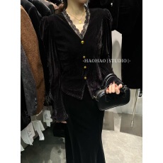 批发法式小香风蕾丝花边拼接金扣丝绒打底衫<b class='q'>衬衫</b>女<b class='q'>气质</b>复古时髦上衣秋