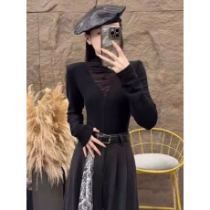 批发韩系气质半高领褶皱<b class='q'>网纱</b>拼接长袖T恤女2025年冬季新款<b class='q'>打底衫</b>上衣