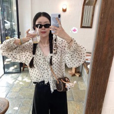 批发法式黑色<b class='q'>波点</b>荷叶边<b class='q'>衬衫</b>女秋v领泡泡袖设计感宽松巨好看<b class='q'>雪纺</b><b class='q'>上衣</b>