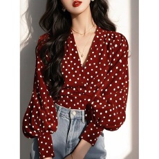 批发开春红色<b class='q'>波点</b>长袖<b class='q'>衬衫</b>女2026春秋季新款法式复古港风气质减龄上衣