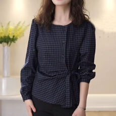 批发法式圆领条纹系带衬衫女秋季新款宽松设计感气质显瘦长袖上衣