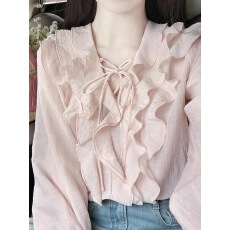 批发法式复古v领系带荷叶边长袖<b class='q'>衬衫</b>女早秋新款气质<b class='q'>衬衣</b>别致绝美上衣