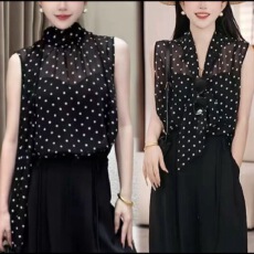 批发法式气质<b class='q'>波点</b>黑色立领<b class='q'>雪纺</b>衫女夏季2025新款挂脖飘带微透无袖<b class='q'>衬衣</b>