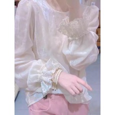 批发洋气蕾丝喇叭袖拼接丝绒<b class='q'>衬衫</b>女春秋新款韩版<b class='q'>宽松</b>显瘦打底上衣
