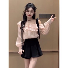 批发一字领露肩绑带蝴蝶结<b class='q'>波点</b><b class='q'>衬衫</b>上衣女2025春季新款荷叶边<b class='q'>雪纺</b>小衫