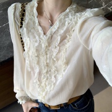 批发靠谱遇见ML塞纳假日100棉法式宽松花边领白色<b class='q'>长袖</b><b class='q'>衬衫</b>女秋