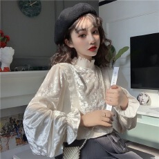 批发春秋新款韩系甜美<b class='q'>气质</b>木耳边拼接立领减龄丝绒<b class='q'>衬衫</b>打底衫