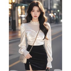 丝绒长袖衬衫女新款春秋内搭打底衫高级感法式独特别致小上衣