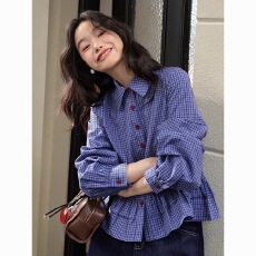 批发miu系蓝色格子衬衫女2025<b class='q'>春</b>季新款韩系设计感荷叶边POLO领娃娃衫