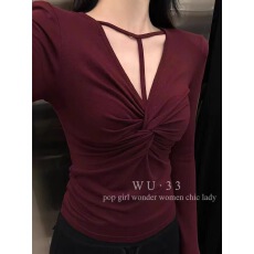 批发纯欲感加绒纽结V领<b class='q'>长袖</b><b class='q'>T</b><b class='q'>恤</b>女2025秋冬新款辣妹修身显瘦上衣打底衫