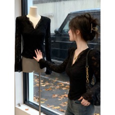 批发韩版纯欲风修身V领性感辣妹长袖<b class='q'>蕾丝</b><b class='q'>上衣</b>2026春季新款打底衫t恤女