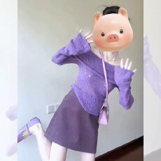 批发紫色<b class='q'>镂空</b>褶皱一字肩针织<b class='q'>衫</b>女新款开春多巴胺穿搭露肩气质上衣