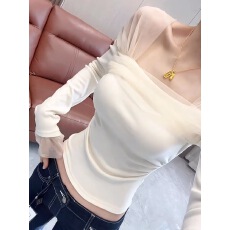 批发法式绝美纱网拼接露锁骨长袖T恤女秋冬高级感修身显瘦打底衫上衣
