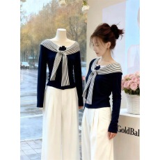 批发韩系气质拼接<b class='q'>条纹</b>绑带长袖<b class='q'>t</b><b class='q'>恤</b>女秋季小众独特修身短上衣