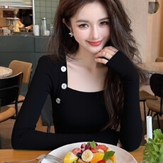 批发春装新款黑色修身打底衫女内搭高级感显瘦正肩长袖t恤上衣