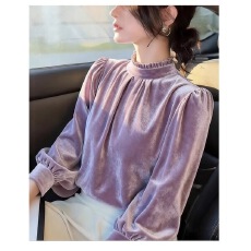 批发超好看紫色木耳边立领丝绒上衣女2025年秋冬新款内搭别致长袖<b class='q'>衬衣</b>