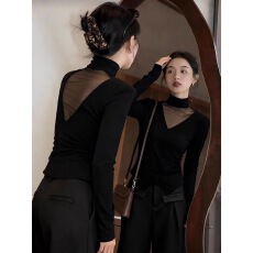 批发秋冬季黑色网纱拼接修身长袖上衣女新款气质半<b class='q'>高领</b>前后微透<b class='q'>打底衫</b>