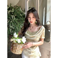 批发法式高级感扎染假两件蕾丝荡领上衣女2026夏季新款短袖小衫设计感