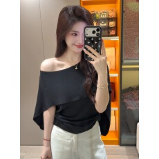 批发法式黑色一字领拼接披肩短袖T恤女夏季独特漂亮巨好看的露肩上衣
