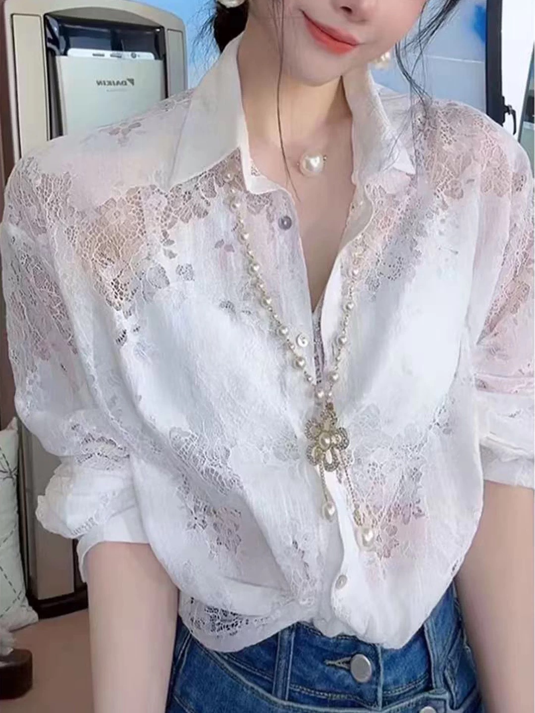 부드러운 바람 레이스 홀로우 아웃 폴로 칼라 레이스업 여성 셔츠 2026 여름 새로운 고급 고유 한 루즈핏 자외선 차단 맨위