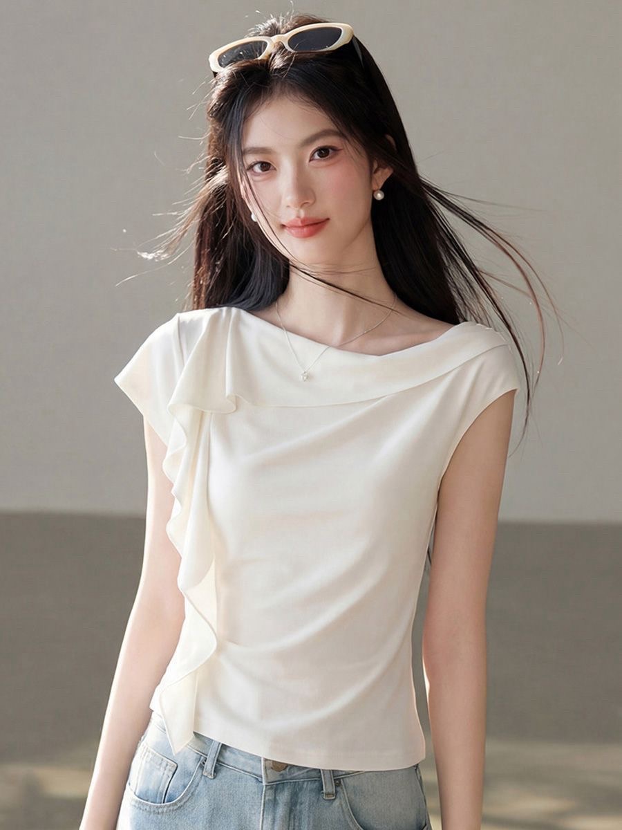 프랑스식 디자인 센스 프릴 반팔 티셔츠 여성 여름 품격 슬림해 보이는 외국 가스 다용도 표지 고기 연령 감소 몸매 가꾸기 맨위