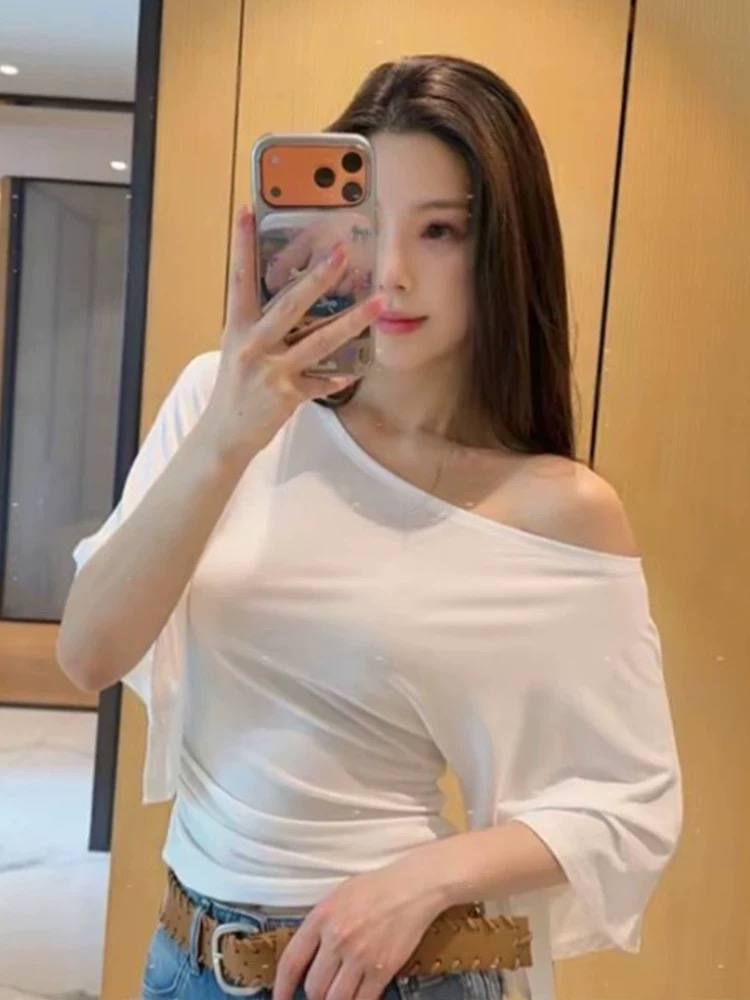 한 부서 순수한 욕망 섹시함 오프숄더 흔들다 칼라 얇은 스타일 몸매 가꾸기 주름 허리 수축 나팔 소매 티셔츠 맨위 트렌디 블라우스 여성