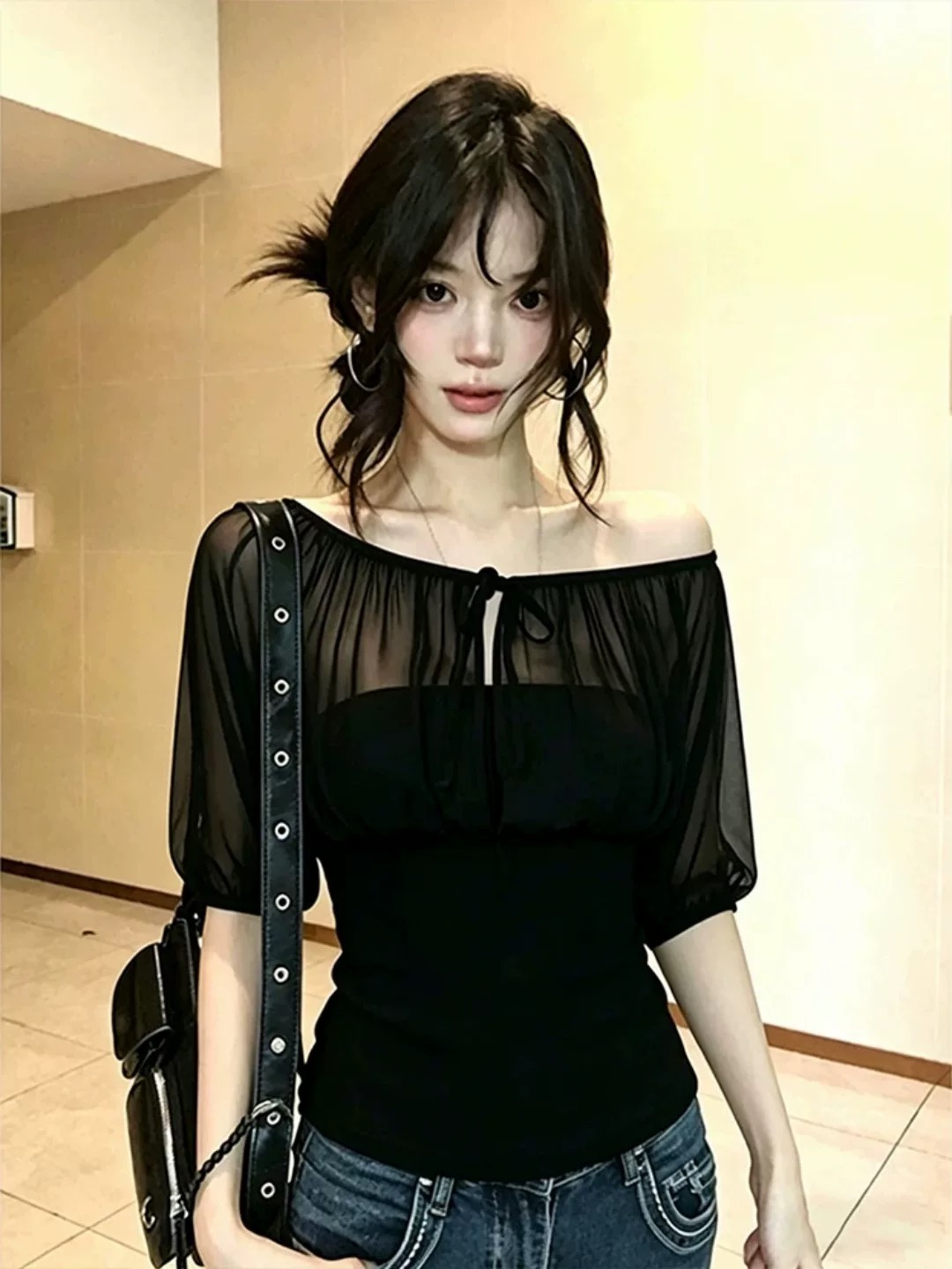 검정색 망사 마이크로 ~을 통해 패치워크 벌룬 소매 티셔츠 여성 여름 핫걸 레이스업 허리 수축 슬림해 보이는 오프숄더 중간 소매 맨위